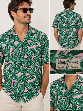 Kenny Flowers Pink Shirt with Green Tropical Leaf Print